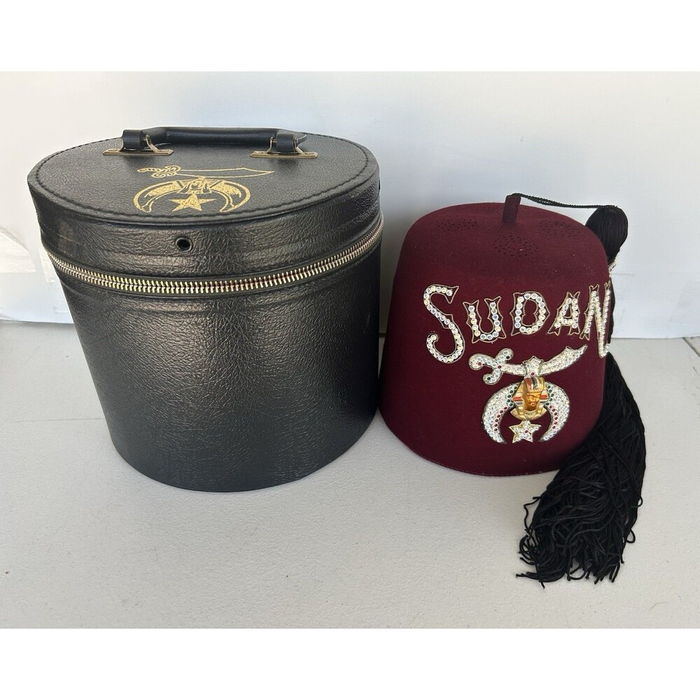 Vintage Sudan Shriners Jeweled Fez Hat 7 3/8 Rhinestone Tassel Case
